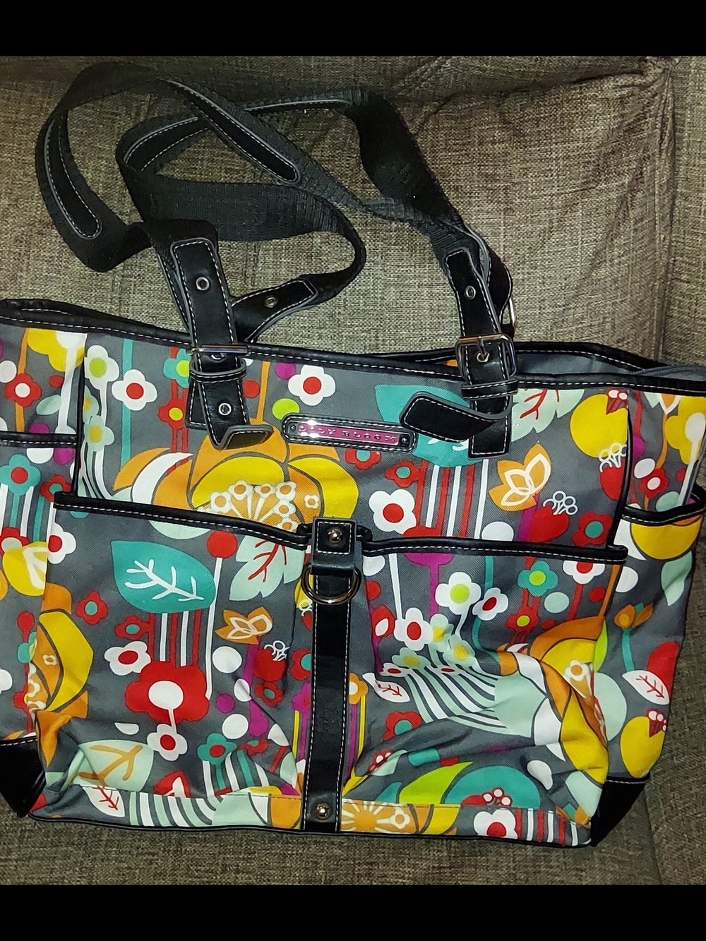 Lily Bloom Gray Floral Print Tote with Yellow & Teal Accents